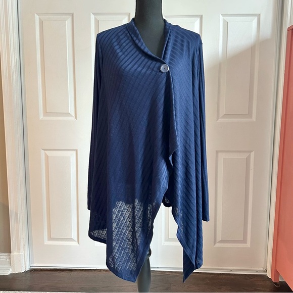 Dana Buchanan Navy Blue Asymmetrical Shawl Style Ribbed Cardigan Sweater - Picture 1 of 7